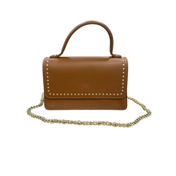 Persaman New York Handbags - Persaman NY Pebbled Leather Mini Top Handle Crossbody Bag Brown Studded EUC